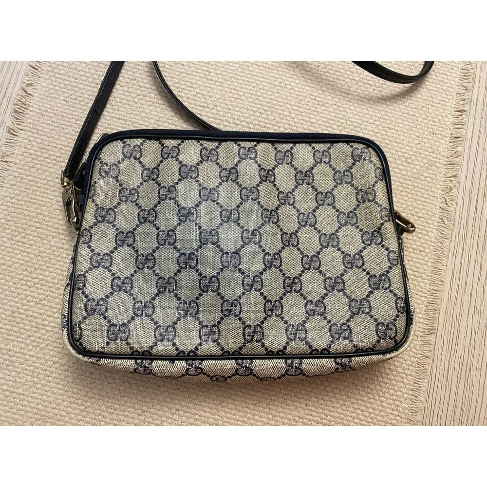 Gucci Vintage GG Supreme Coated Canvas Leather Bag Navy Blue Monogram